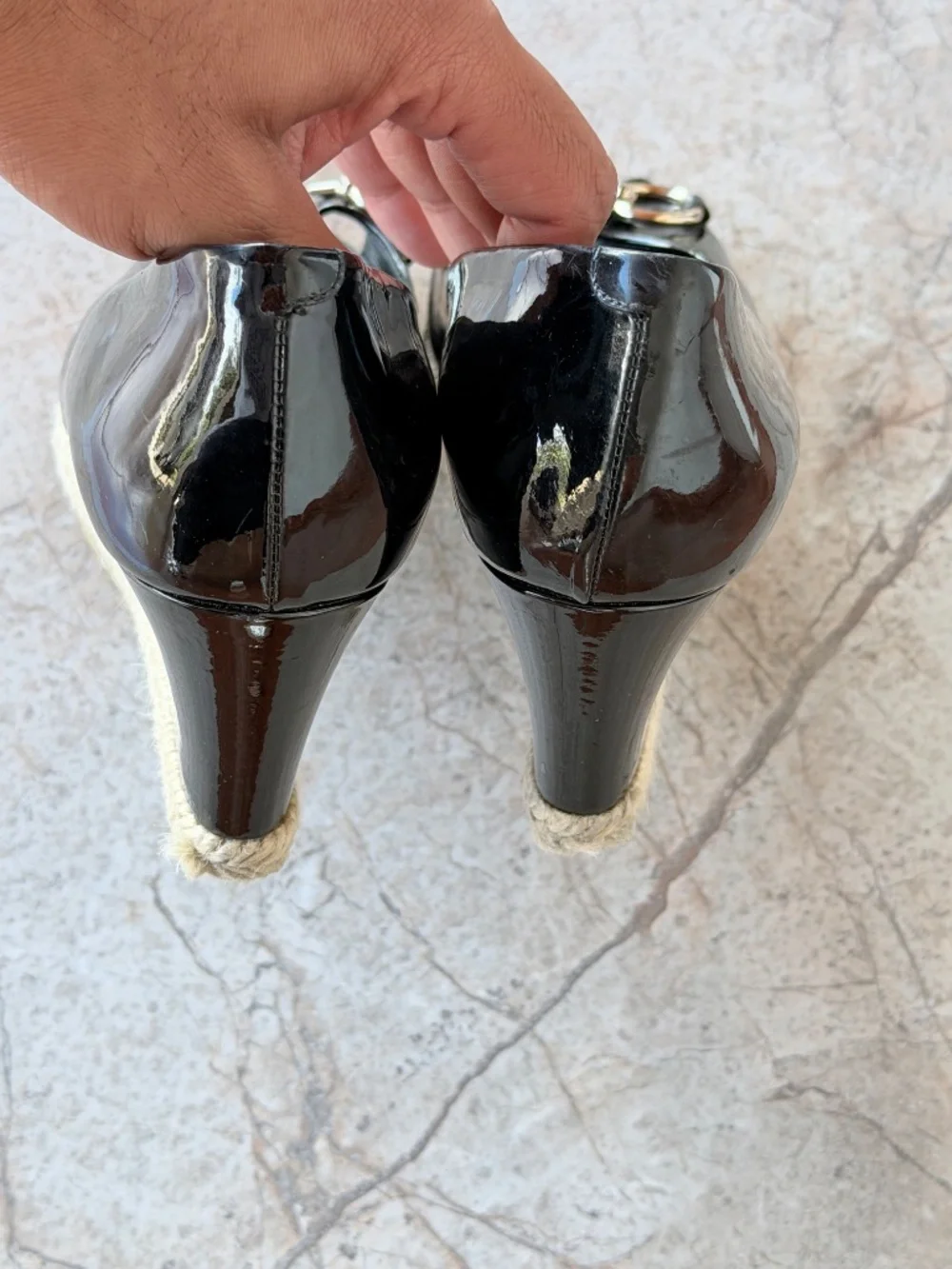 Gucci Black Patent Leather Horsebit Espadrille Peep Toe Wedge Pumps